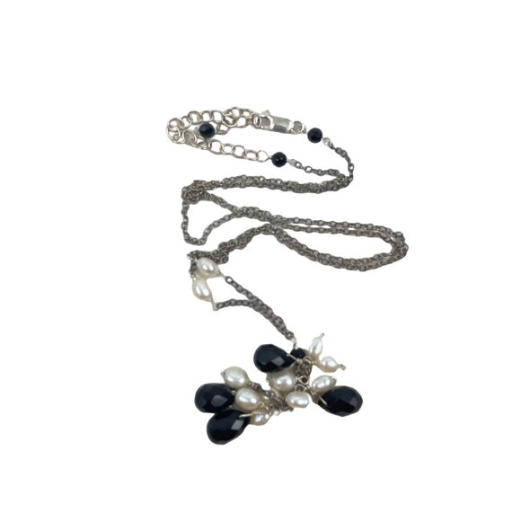 Elegant Black Agate and White Freshwater Pearl Teardrop Pendant Necklace With Ad - Picture 6 of 9